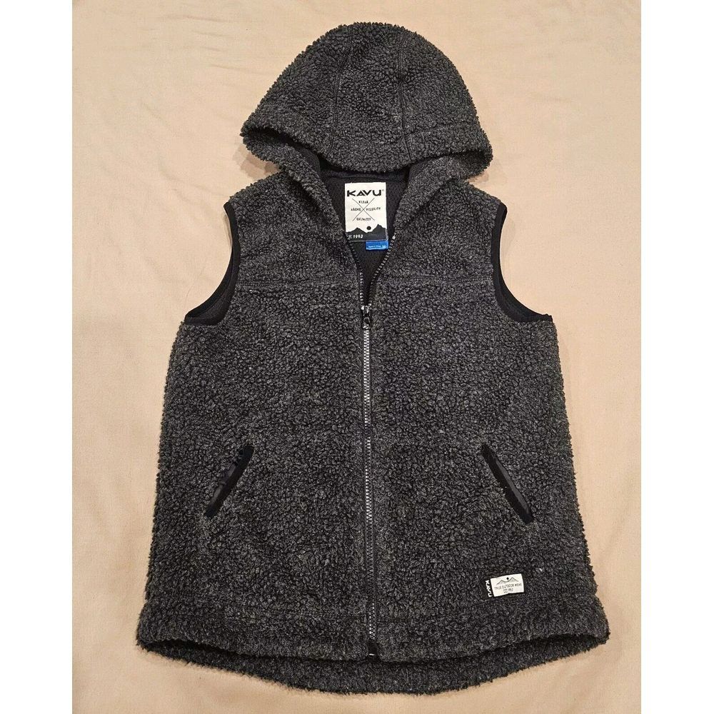 Kavu Vest Women's Small Gray Deep Pile Fleece‎ Hooded Camp Gorpcore